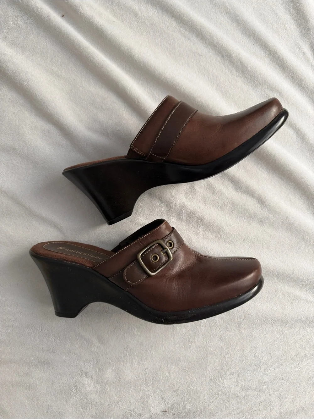 Naturalizer Brown Leather Buckle Mule Heels size 6.5